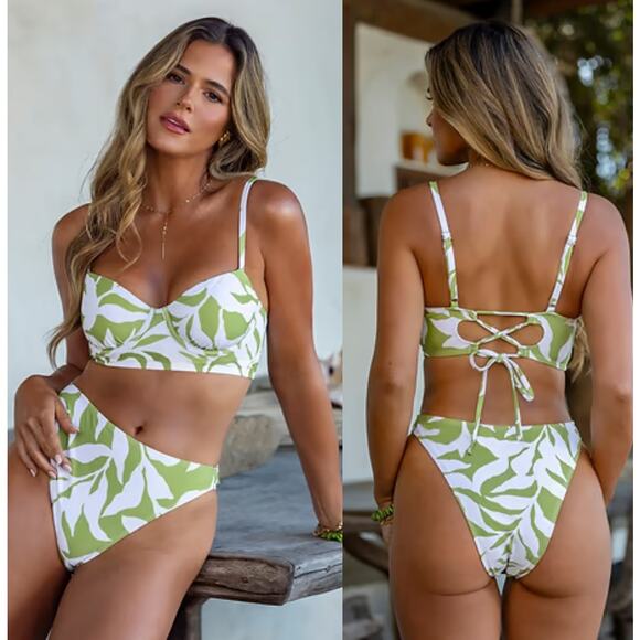 NWT Cupshe Two Piece Swimsuit Palmer Lace-Up Bikini Top Hi-Rise Bikini BUNDLE M - Picture 2 of 6